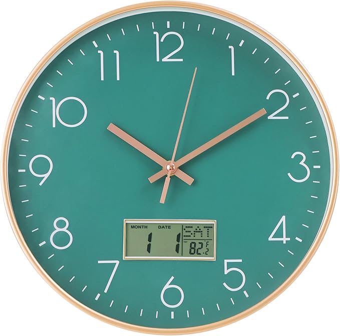 Wall Clock with LCD Display Non-Ticking Silent Quartz Movement Decor Clock with Perpetual Calendar and Temperature Modern Style Round Wall Clocks for Office/Living Room/Bedroom(Green, 12inch)
