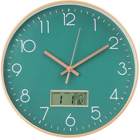 Wall Clock with LCD Display Non-Ticking Silent Quartz Movement Decor Clock with Perpetual Calendar and Temperature Modern Style Round Wall Clocks for Office/Living Room/Bedroom(Green, 12inch)