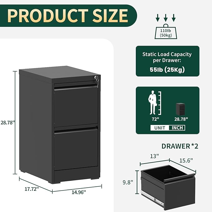 2 Drawer File Cabinet with Lock, Vertical File Cabinet with Lock, Locking File Cabinet Hanging Files for A4/ Legal/Letter, Require Assembly, White