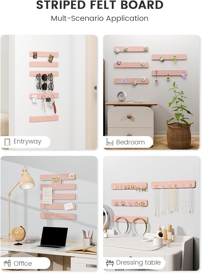 Fluxynara Cork Board Alternative Felt Strip Board 5-Pack 13"x2", Office Pin Board with 35 Push Pins, Adhesive Install for Bedroom Door & Home Office(Pink)