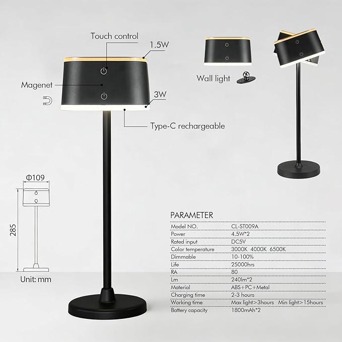 2 Pack Cordless Table Lamps, Rechargeable Touch Lamps for Nightstand & Dining Table, 3 Color Temps 3000K-6500K, Dimmable, Dual-Tone Design, USB-C Portable Bedside Lights, Set of 2, Black