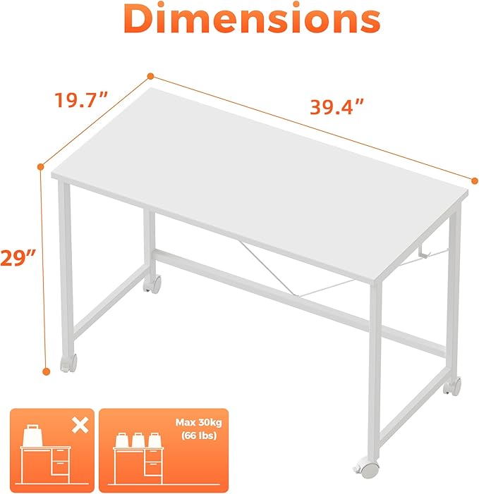 Mericonia 40 inch Rolling Computer Desk with Wheels, Gaming Desk for Small Spaces, Modern Simple Style Table for Home Office, Study Writing Table