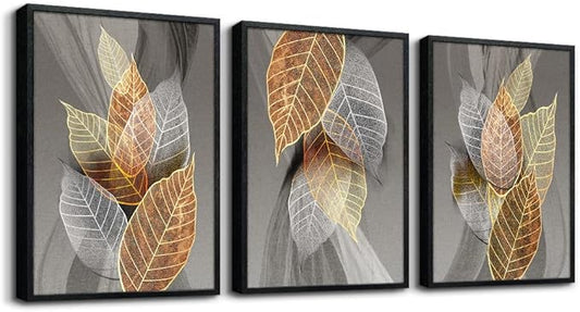 Black Framed Canvas Wall Art - 3 Piece Abstract Paintings of Leaves for Living Room, Kitchen, Bedroom & Modern Bathroom Decor