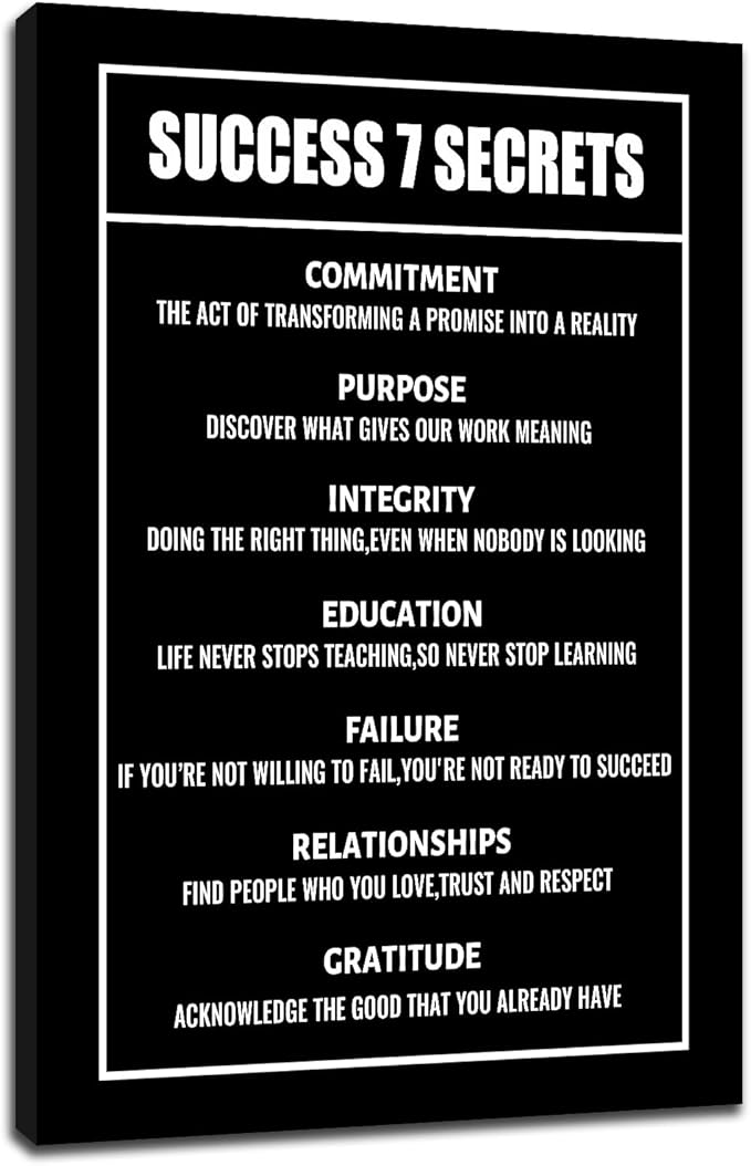 Success 7 Secrets Motivational Wall Decor Inspirational Positive Wall Art Canvas Poster Entrepreneur Quote Picture Print Office Artwork for Bedroom Living Room Home Decor Framed [12''Wx18''H]