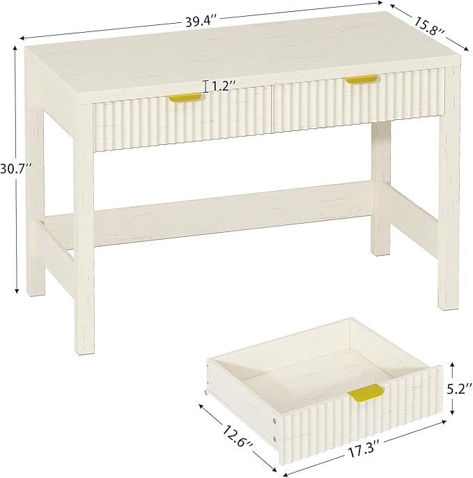 Fluted Computer Desk with 2 Drawers, 39 Inch Small Computer Desk with Storage, Compact Writing Study Vanity Desk for Small Spaces, White