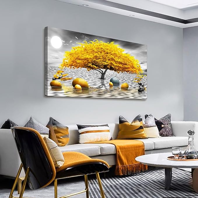 Wapluam Farmhouse Canvas Wall Art For Living Room & Office - Large Wall Decor - Black & White Wall Painting - Yellow Tree View - Framed Prints - 30"X60"