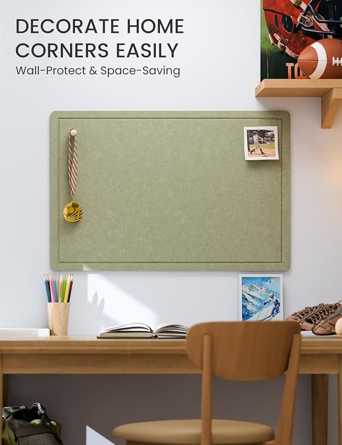Fluxynara Bulletin Board,35.4" x 23.6" Cork Board Alternative with 12 Safe Removable Adhesive Tabs, Foldable Felt Pin Board for Home Office, Classroom, Bedroom,Entryway for Walls— Sage