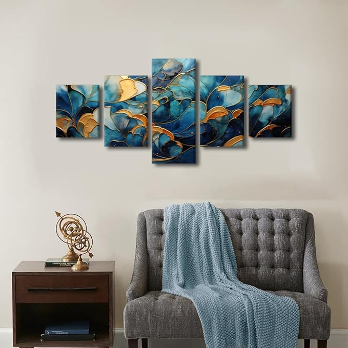 Canvas Wall Art Decor for Men Modern Abstract Wall Art Blue and Gold Flower Marble Poster Prints on Canvas 5 Panel Living Room Wall Art for Room Home Decor Stretched Ready to Hang 50x24 in