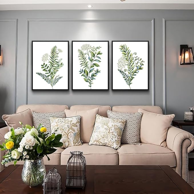 AHUASJART Green Leaves Poster Wall Paintings Black Framed Wall Art For Living Room Office Wall Decorations Kitchen Wall Decor large Canvas Print Decor Modern Simple Bedroom Home Decoration 3 Pieces