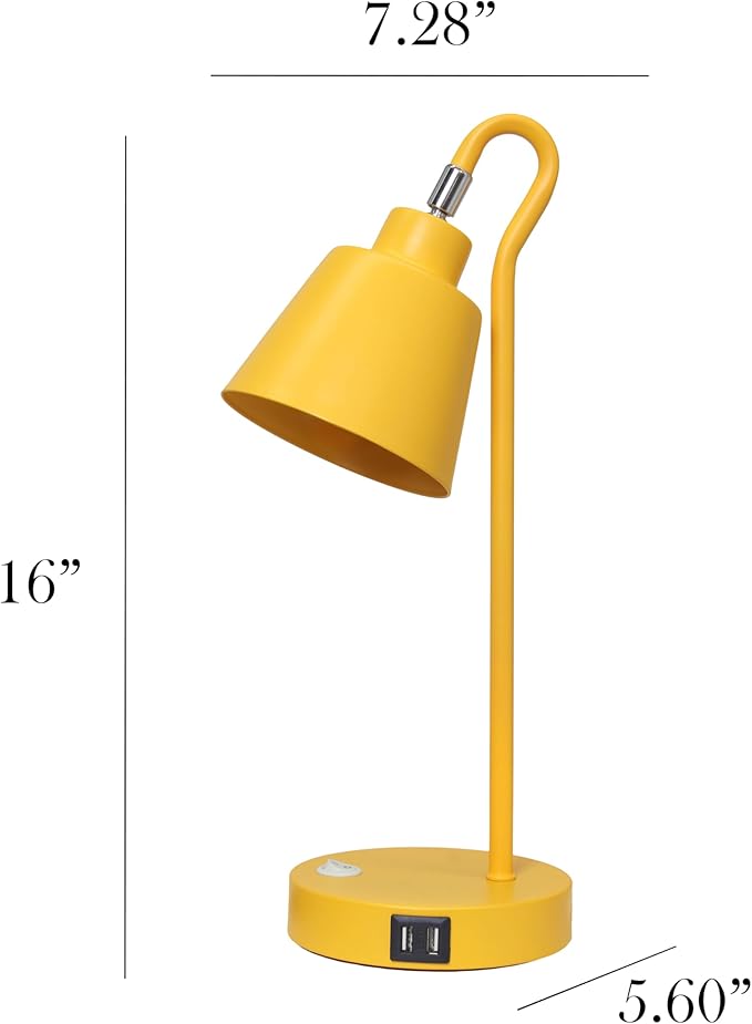 Simple Designs LD1073-YLW 16" Sleek Essentials Metal Looped Desk Task Lamp with Adjustable Shade and Dual USB Ports, for Office, Desk, Nightstand, Yellow