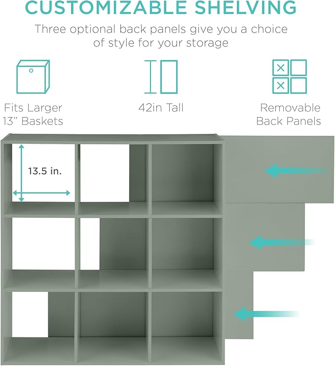 Best Choice Products Kids Bookcase 9-Cube Storage Organizer, 13.5in Shelf Opening, Bookshelf, Toy Storage, Customizable w/ 3 Removable Back Panels – Sage