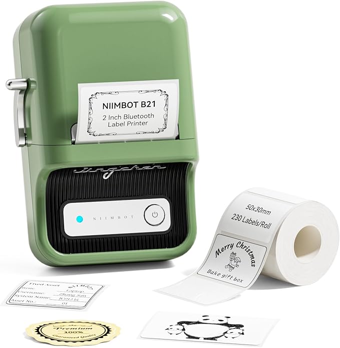 NIIMBOT B21 Label Maker Machine with Tape, 2 Inch Portable Sticker Printer Thermal Labeler for Gift Jar Candle Address Labels for Home Office Business Organization, Supports Mobile & PC, Green