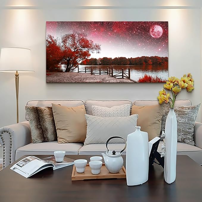 Lapremoly Large Canvas Wall Art For Living Room Modern Wall Decor For Bedroom Red Tree Landscape Wall Paintings Starry Sky Wall Pictures Framed Prints Artwork Office Decor Room Home Decor 24X48 inch