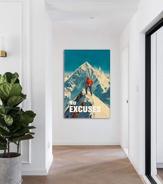 No Excuses Motivational Wall Art - Climber Canvas Print with Encouraging Quote, Inspirational Poster Snow Mountain Picture Wall Decor Inspiring Success Artwork for Office Home Gym, Framed 28"x44"