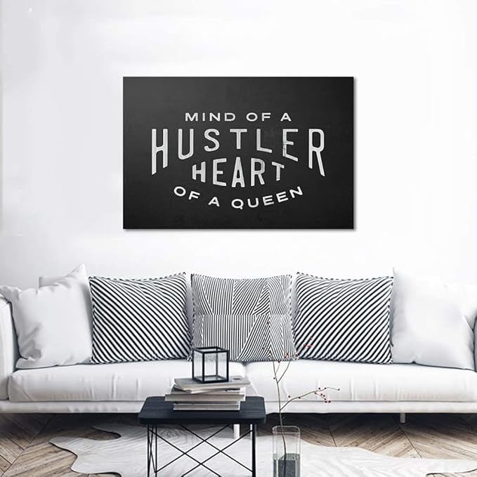 Mind Of A Hustler Heart Of A Queen - Inspirational Contemporary Entrepreneur Quotes Canvas Wall Art Black and White Motivational Framed Artwork HD Print Easy to Hang-44 Wx28 H