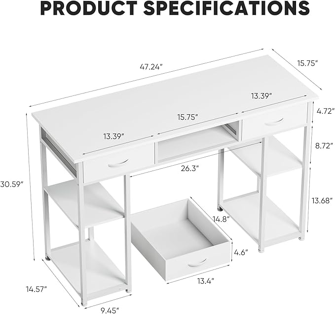 DUMOS 48" Small Computer Home Office Desk for Bedroom with Drawers, Gaming Writing Study Table with Storage Shelf, Adjustable Feet, Metal Frame Natural White