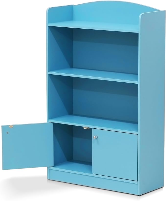 Furinno LOVA Book Shelf, Bookshelf with Storage Cabinet, Bookcase with Door, 11.8 x 23.6 x 37.3, for Living Reoom, Bedroom, Home Office, Light Blue
