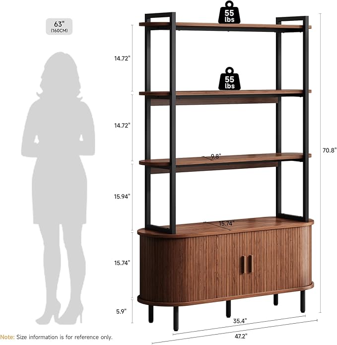 ONBRILL 71" Tall Bookshelf, 4-Tier Book Shelf with Storage Cabinet, Modern Bookcase with Sliding Door and Adjustable Footpad, Freestanding Storage Organizer Bookshelf for Living Room, Bedroom, Walnut