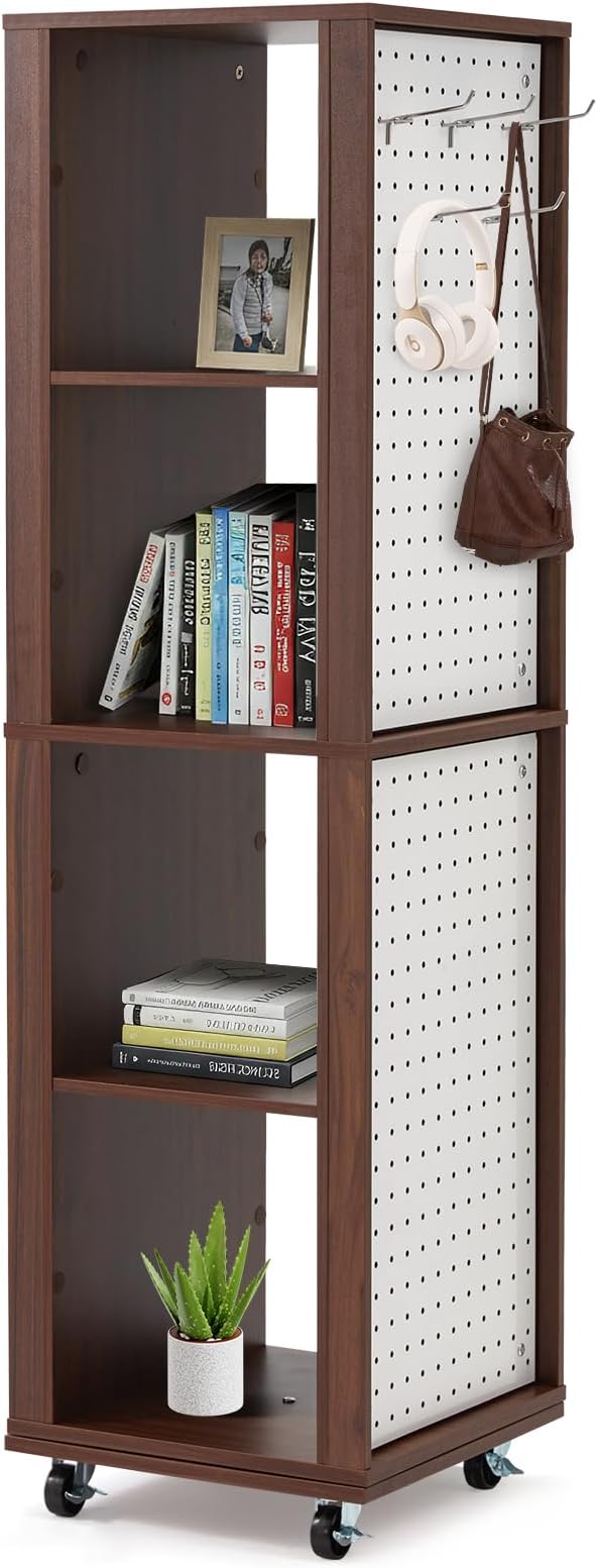 JOMEED Rotating Bookshelf Tower with Wheels, 4-Tier Corner Bookshelf with Pegboard, 360° Spinning Book Shelf Tower with Magazine Rack, Tall Bookcase, Narrow Bookcase