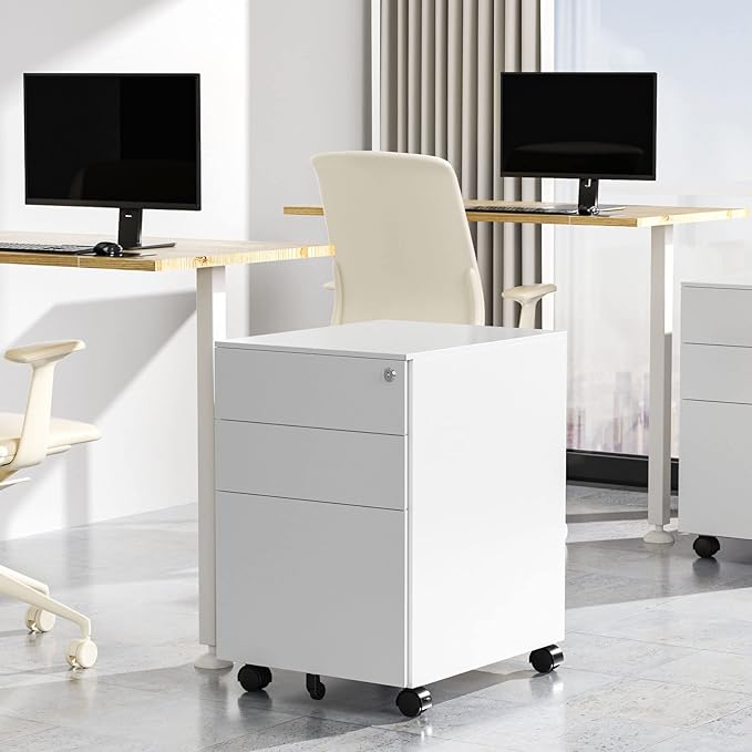 Rolling File Cabinet, 3 Drawer Locking Filing Cabinet, Under Desk Office Metal Storage Cabinet for Legal/Letter/A4 File (Fully Assembled Cabinet,White)