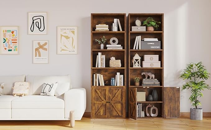 MXV 6-Tier Bookshelf and Bookcase Set of 2, Wooden Bookshelves with Cabinet Doors, Floor Bookshelves and Office Storage Cabinets for Home Office, Living Room (Brown 2 Pack, 6-Tier)