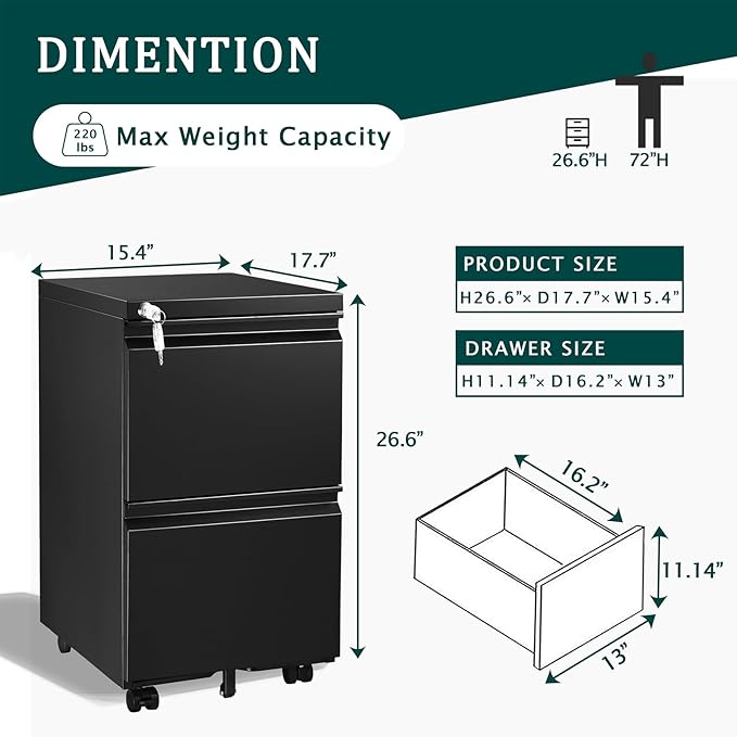 2 Drawer Mobile File Cabinet with Lock,Rolling File Cabinet, Under Desk Mobile Filing Cabinet,File Cabinets for Home Office,Storage 2 Drawer Mobil Filing Cabinet for A4/Legal/Letter,Balck