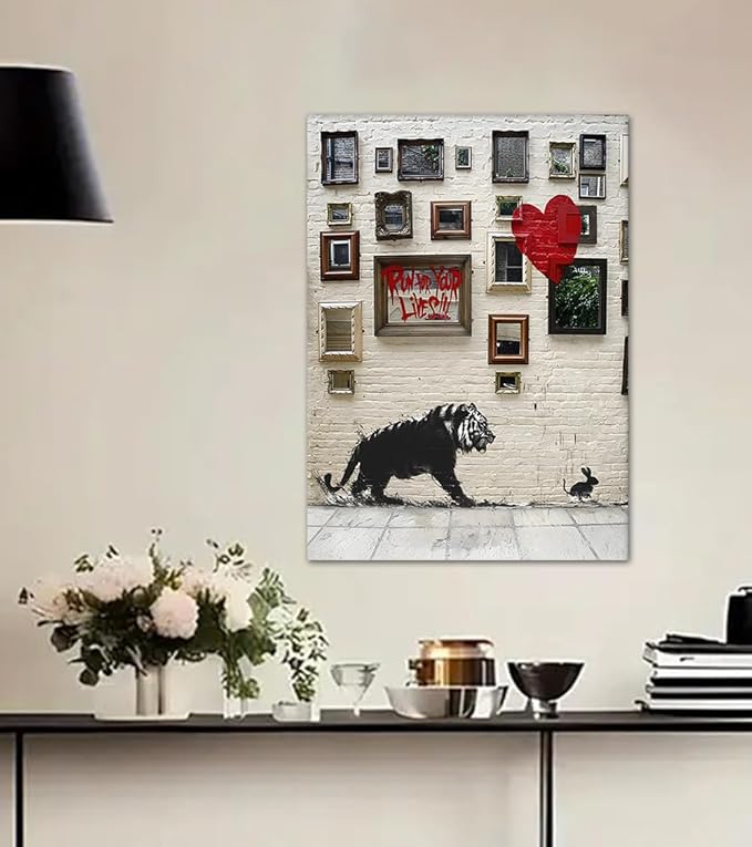 Run for Your Lives Graffiti Inspirational Wall Art Canvas Paintings Tiger Chase Rabbit Poster Artwork Motivational Wall Decor for Office Classroom Living Room Decor Ready to Hang-12x16 inch