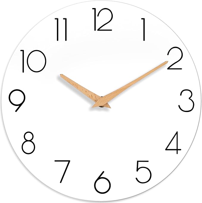 Wall Clock, 14 Inch Wooden Silent Non-Ticking, Decorative Battery Operated Wall Clocks for Bedroom, Kitchen, Home, Living Room, Office, School, Hotel (White)