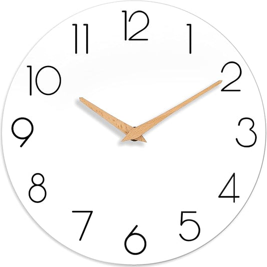 Wall Clock, 14 Inch Wooden Silent Non-Ticking, Decorative Battery Operated Wall Clocks for Bedroom, Kitchen, Home, Living Room, Office, School, Hotel (White)