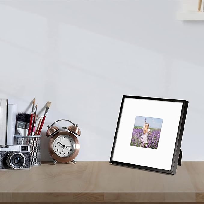 Golden State Art, Gallery Wall Frame Set of 6 - Black 8x8 Aluminum Photo Frames with Mat for 4x4 Pictures - 8 x 8 inch Metal Frame with Real Glass Cover - Elegant Home or Office Decor