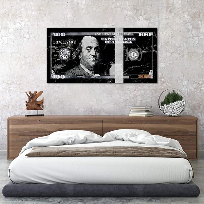 Extra Large Size Benjamin Franklin 100 Dollar Wall Art for Large Home Office Wall Decorations Inspirational Gifts for Men Black and White 100 USD Money Artwork Gallery Wrapped Easy to Hang-48"Wx24"H
