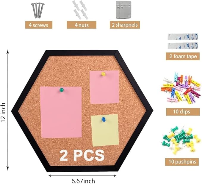 Cork Bulletin Board for Walls, 1/2" Thick Hexagon Pin Board for Walls with Frame, Black Small Corkboard with 10 Push Pins and 10 Wood Clips, Tack Board for Home Office and School 2Pack