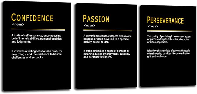 Inspirational Wall Decor PASSION CONFIDENCE PERSEVERANCE Noun Overcome the Challenge Motivational Posters Printed Canvas Poster for Office Home Bedroom Workplace Framed Ready to Hang [36''Wx 16''H]
