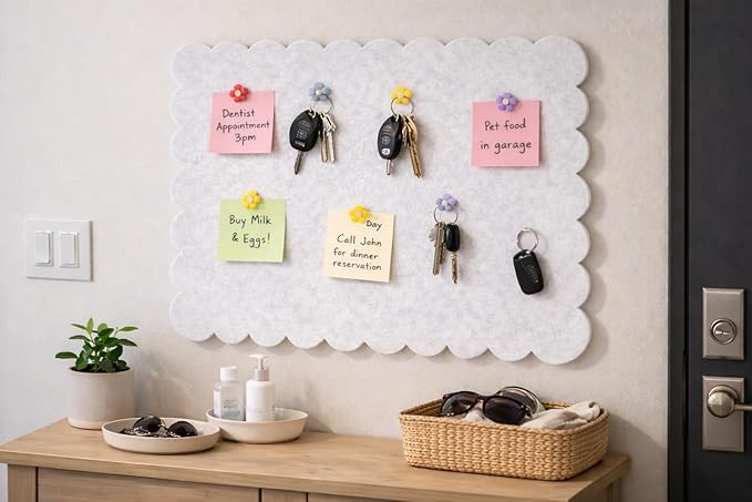 Scalloped Felt Bulletin Board 24x18 in, Thick PET Felt Pin Board, Heat-Pressed Flat, Self-Adhesive Mount, Push Pin Friendly Photo/Card Display for Home, Office, Crafts, Planning, Jewelry (Oatmeal)