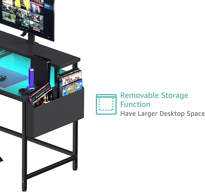 Lufeiya L Shaped Gaming Desk with Led Lights and Power Outlets, 47 Inch Corner Home Office Desk with Monitor Stand Shelves, Writing Study Computer Desks with Fabric Drawers for Bedroom, Black