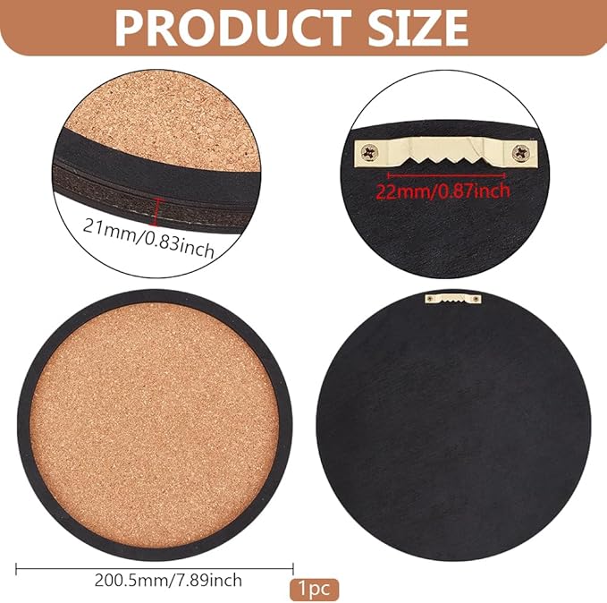 BENECREAT Flat Round Pin Board Cork Board, 7.87inch Bulletin Board Wall Mounted Display Board with Black Frame for Brooch Pin Storage Display, Office Home School Decor