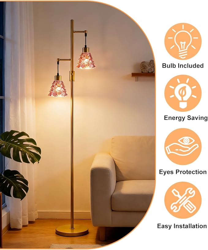 Lightdot 65IN Glass Floor Lamp for Living Room, 2- Light Gold Floor Lamps with Rose Red Glass Shade& 3000K Warm White Bulbs, Modern Standing Tall Lamp for Bedroom/Corner Beside/Home Decor