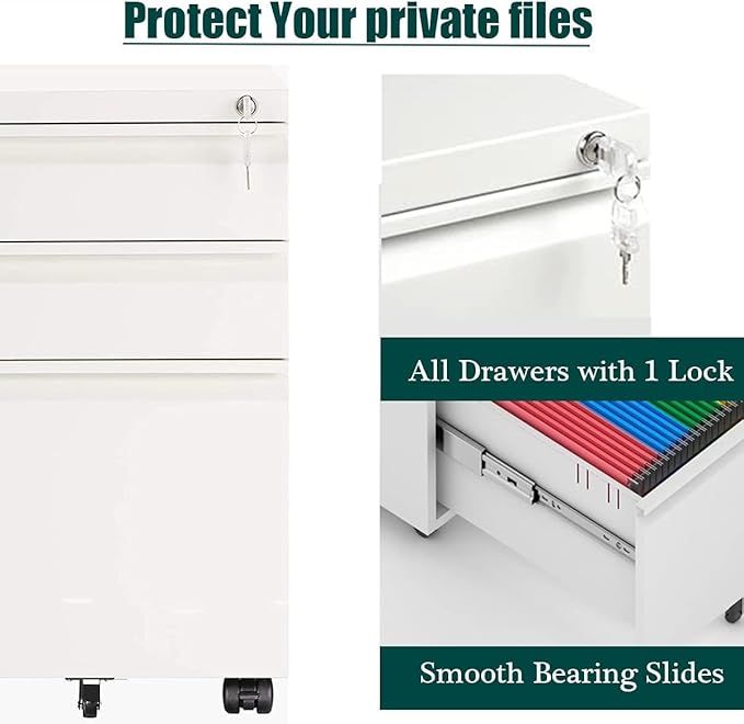 3 Drawer Mobile File Cabinet with Lock, Under Desk Metal Filing Cabinet for Legal/Letter/A4 File, Fully Assembled Except Wheels (White)