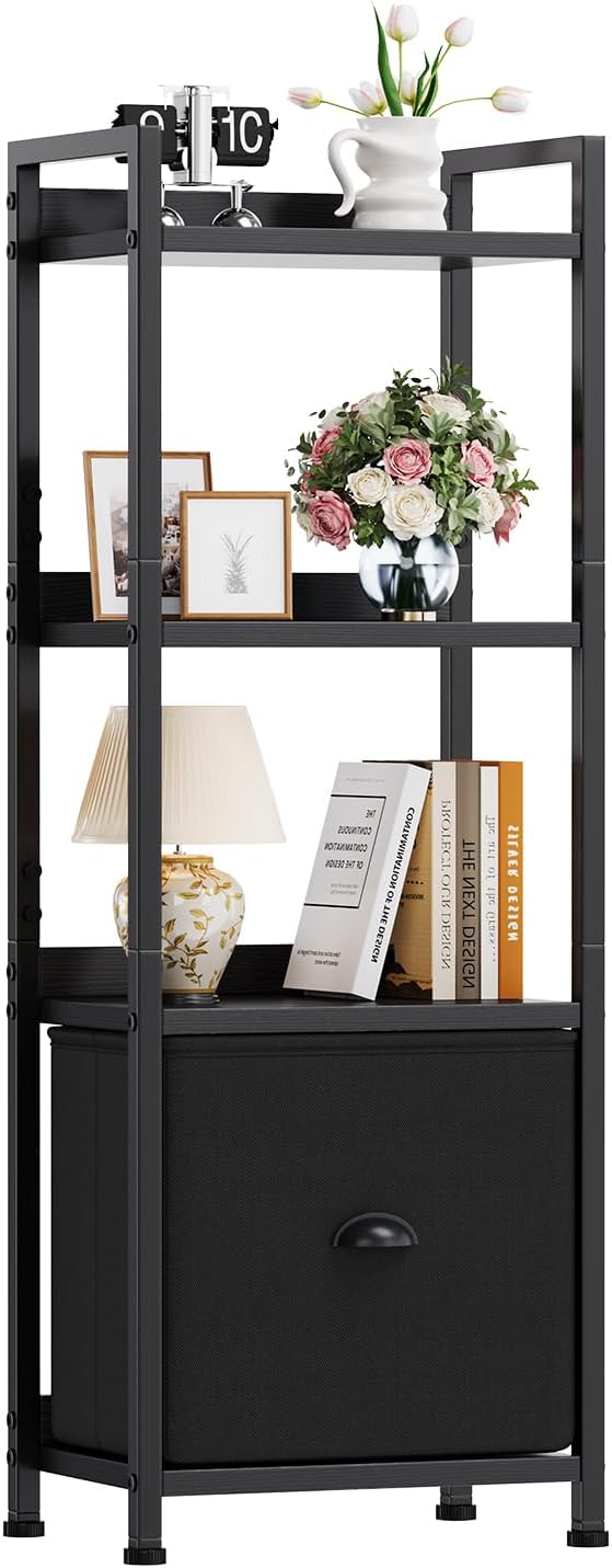DUMOS 4 Tier Bookshelf, Bookcase with Fabric Drawer, Multi-Functional Display Standing Shelf for CDs/Books/Movies, Wood and Metal Storage Organizer in Bedroom, Living Room and Closet, Black