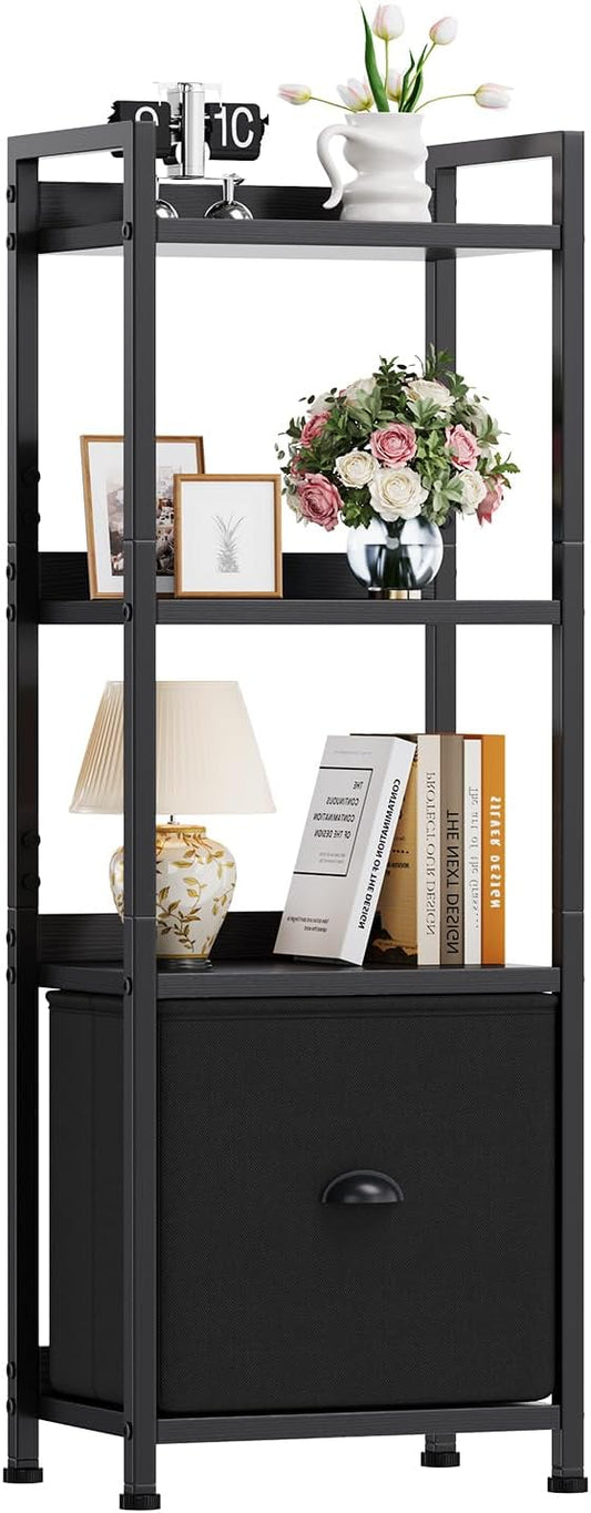 DUMOS 4 Tier Bookshelf, Bookcase with Fabric Drawer, Multi-Functional Display Standing Shelf for CDs/Books/Movies, Wood and Metal Storage Organizer in Bedroom, Living Room and Closet, Black