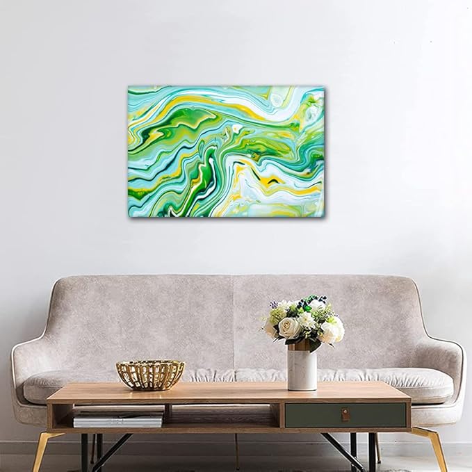 Modern Canvas Artwork 1 Panel Canvas Wall Decor Blue Yellow and Green Overflowing Colors Poster Printing for Men Lady Living Room Bedroom Canvas Wall Decor Stretched and Framed Ready to Hang 24x16 in