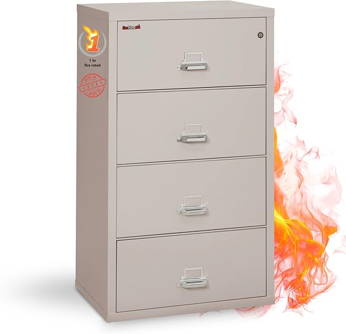 FireKing Fireproof Lateral File Cabinet (4 Drawers, Impact Resistant, Water Resistant), 31" x 22" D, Platinum, Made in USA