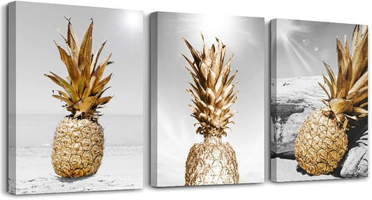 Canvas Wall Art For Bar Kitchen Restaurant Wall Decor Living Room Bathroom Home Decoration Black And White Beach Scenery Golden Pineapple Pictures Office Decor Artwork Ready To Hang 12x16 3 Piece
