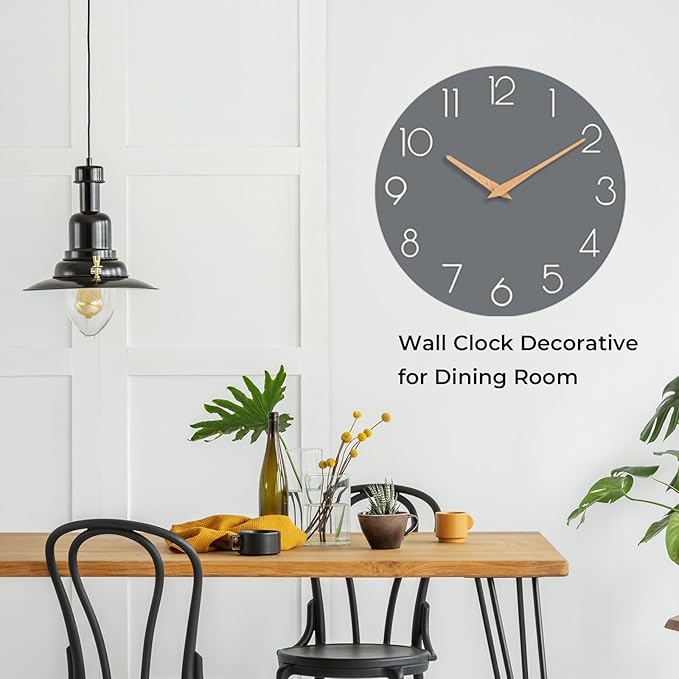 Wall Clock, 14 Inch Wooden Silent Non-Ticking, Decorative Battery Operated Wall Clocks for Bedroom, Kitchen, Home, Living Room, Office, School, Hotel (Gray)