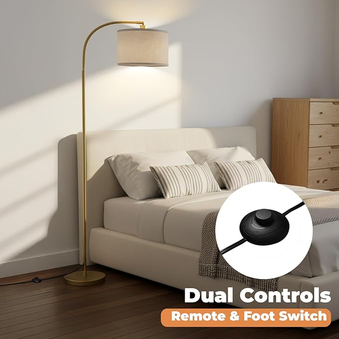 Arc Floor Lamps for Living Room, Modern Standing Lamp with Remote Dimmable Floor Lamp with Linen Shade, Tall Lamp for Bedroom Office Dining Room (Gold)