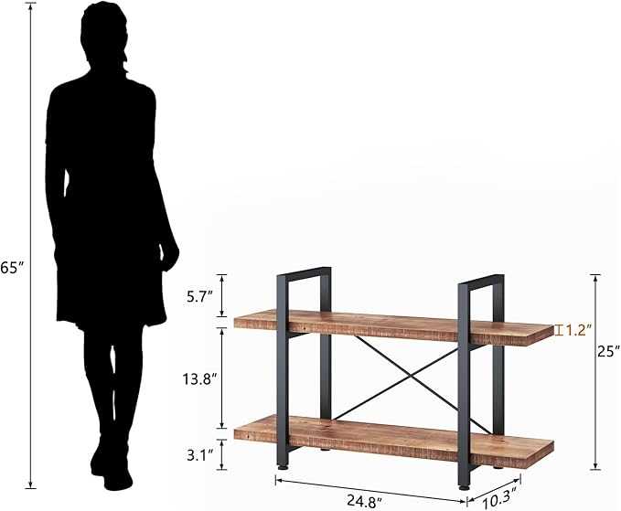 HSH Natural Real Wood Bookshelf, 2 Tier Small Rustic Vintage Industrial Etagere Bookcase, Low Open Metal Farmhouse Solid Wooden Book Shelf, 2 Shelf Bookcase for Living Room Bedroom, Distressed Brown