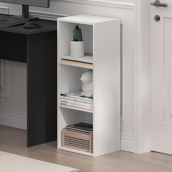 Furinno PASIR Book Shelf, 3-Cube Bookcase, Standing Bookshelf, Open Storage Shelf, Closed Back, Easy Assembly, 9.3 x 12 x 31.5 Inches, for Home Office, Living Room, Plain White