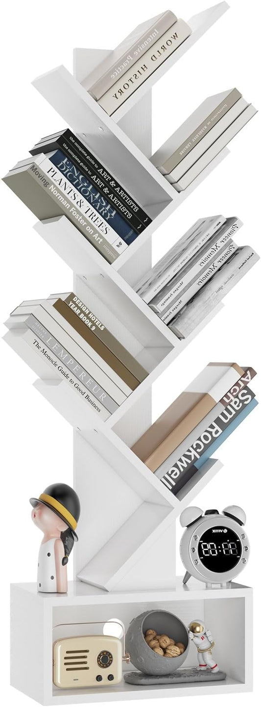 YMYNY 6 Tier Tree Bookshelf, Tall Bookcase, Wood Book Storage Rack with Drawer, Modern Floor Standing Book Shelf for Books/Movies/CDs, Utility Organizer for Living Room, Home Office, White UHBC016W