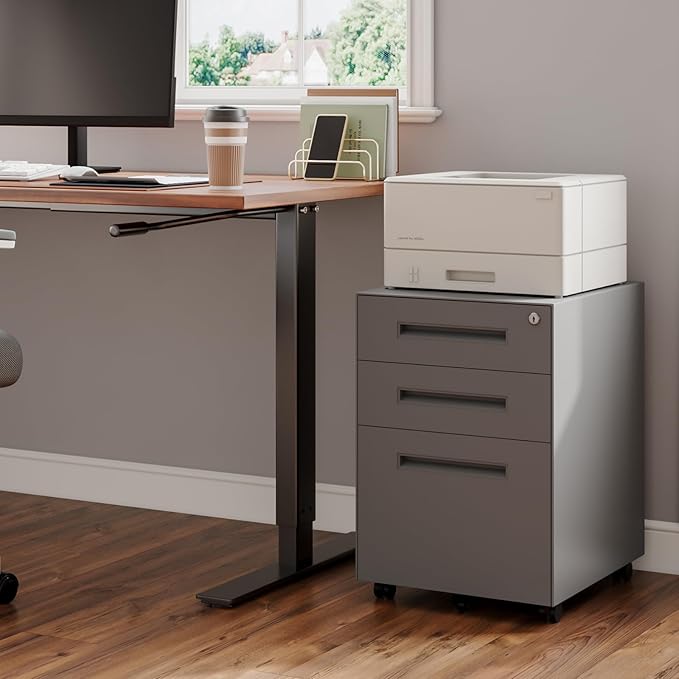 Dripex 3 Drawer File Cabinet, Mobile File Cabinet with Lock on Wheels, Letter/Legal Size, Fully Assembled, Modern Small Short Vertical Metal Rolling Filing Cabinets Under Desk for Home Office (Grey)