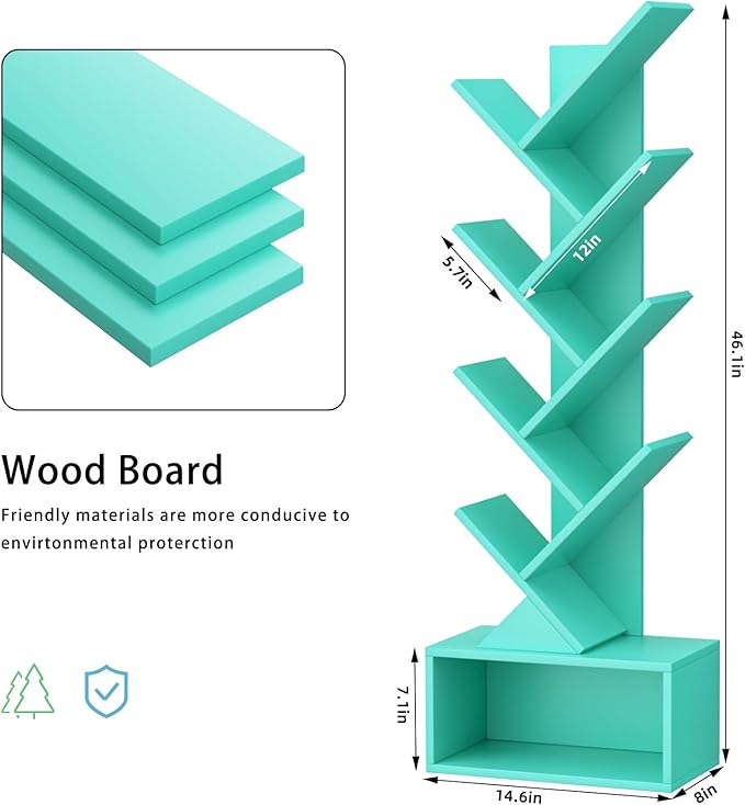 9 Tier Tree Bookshelf,Christmas Green Bookcase for Narrow Space, Storage Organizer Floor Standing Bookshelves for Books, Tall Book Case for Home Office, Living Room, Bedroom